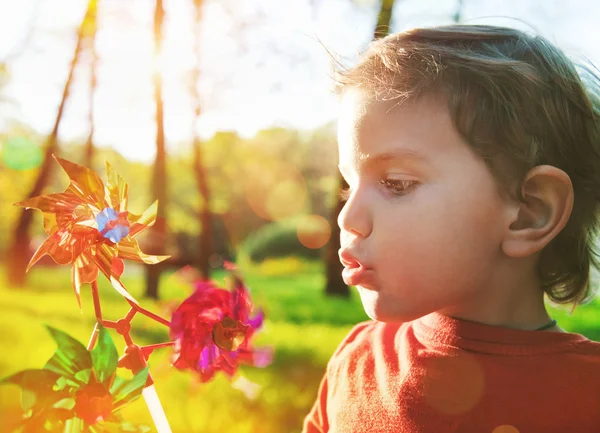 Porträt eines niedlichen Jungen, der bei Sonnenschein ein Windrad bläst — Stockfoto