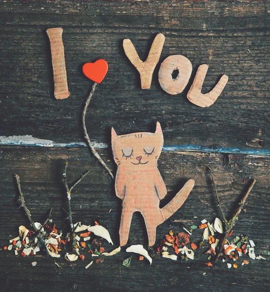 Valentim cartão de dia com papel gato no amor — Fotografia de Stock