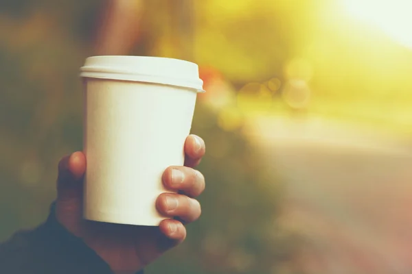 Mano sosteniendo taza de papel de café sobre fondo natural de la mañana —  Fotos de Stock