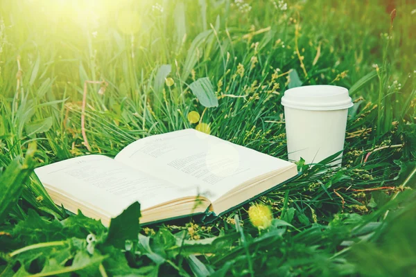 Taza de papel de café y libro en la hierba verde —  Fotos de Stock