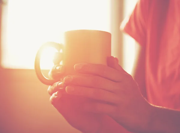 Руки держа горячую чашку чая или кофе в утреннем солнечном свете — стоковое фото