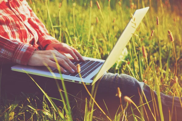 Руки за допомогою ноутбука і друку в літній траві — стокове фото