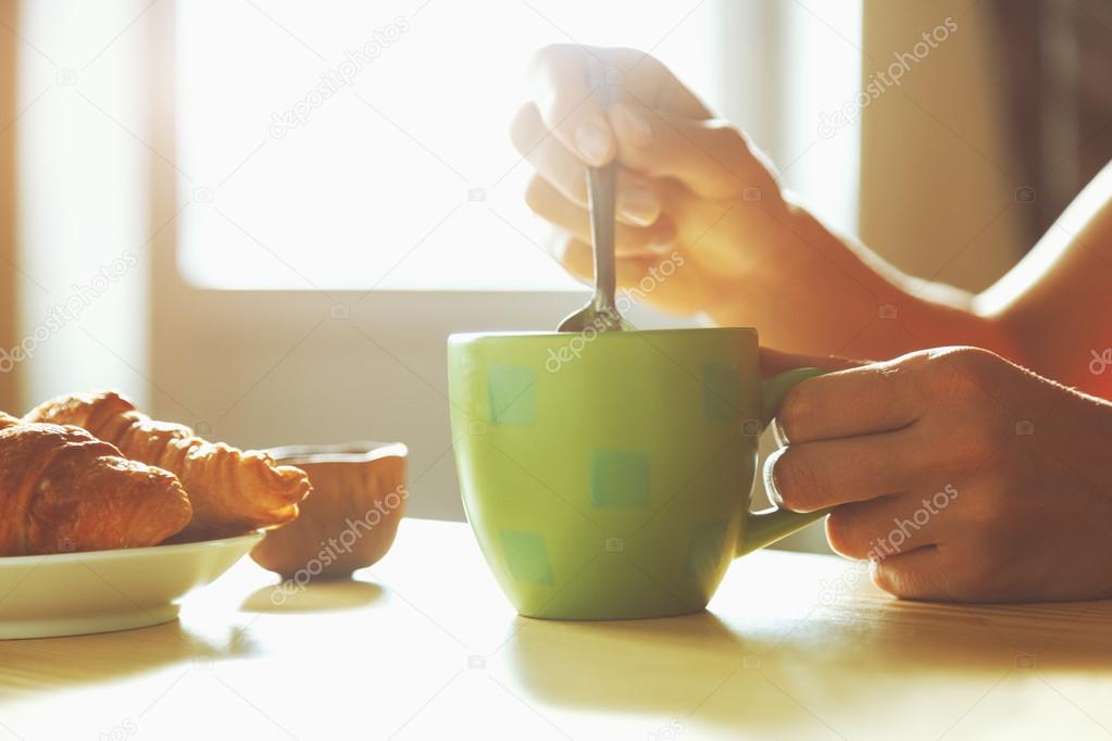 fresh breakfast with hot coffee
