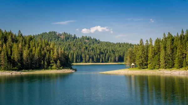 Dağ gölü sahilinde küçük ahşap ev.