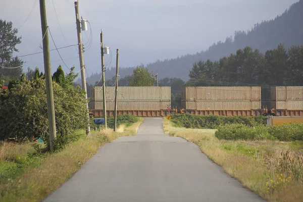 Pole wagonów przekraczania wiejskiej drodze — Zdjęcie stockowe