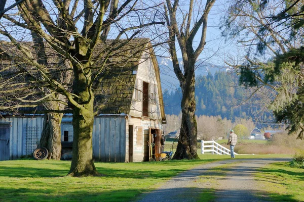 Bred Utsikt Över Gammal Etablerad Gård Och Bonde Som Börjar — Stockfoto