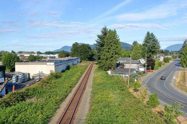 Große Ansicht Der Stadtplanung Mit Einer Eingleisigen Bahnlinie Die Ein — Stockfoto