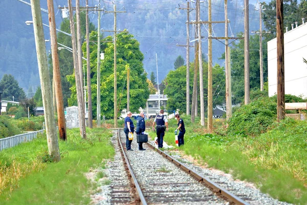 救急救命士とRcmp職員は 2021年8月30日にカナダのチリワック郊外の鉄道線路で発見されたホームレスの人に出席します — ストック写真