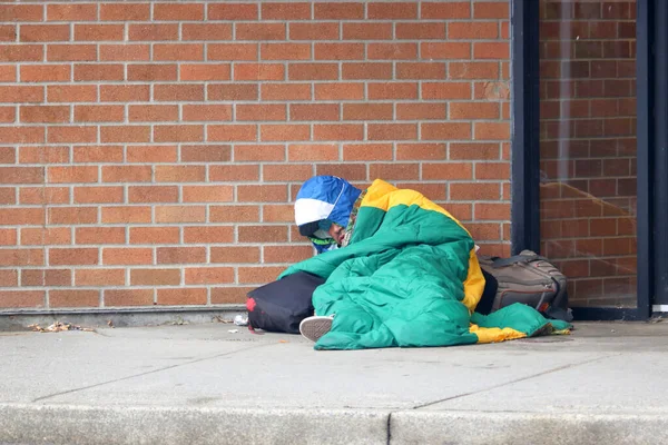 Full Isolated View Homeless Person Wrapped Blankets Sleeping While Leaning — Stock Photo, Image