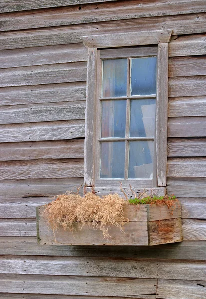 Verticale Achtergrond Weergave Van Ongeverfd Hout Frame Venster Bloembak Van — Stockfoto