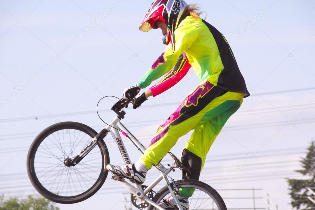 A BMXers big jump in a local competition in Abbotsford, British Columbia on June 4, 2014.