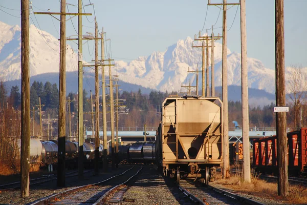 Cantiere ferroviario e catena montuosa innevata — Foto Stock