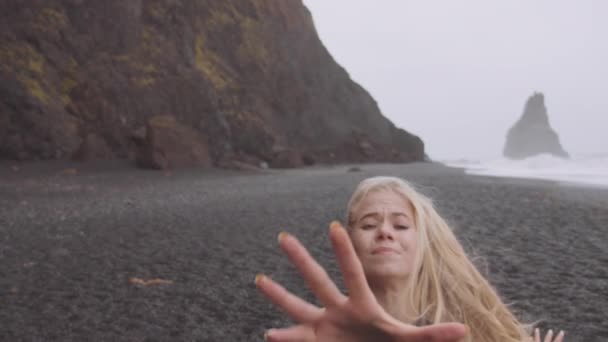 Young Fit Dancer Reaching Out with Hands Towards the Camera and Steps Backward — Stock Video