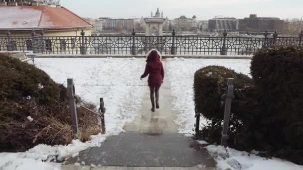Aufgeregte Frau lehnt sich mit dem Rücken gegen Kamera an Geländer — Stockvideo