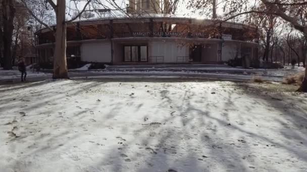 Margaret Island Outdoor Building στη Βουδαπέστη με Snowy Grounds και δέντρα — Αρχείο Βίντεο