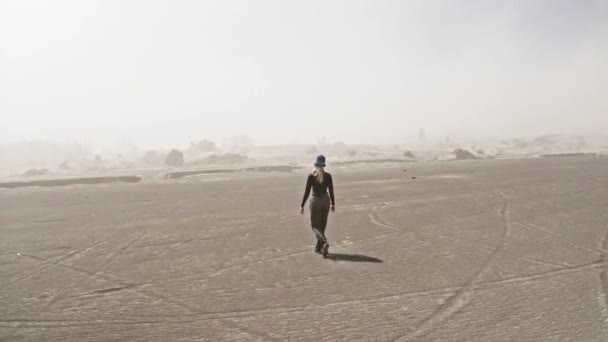 Drone Of Woman Walking In Desert Of Bromo Tengger Semeru — Stock Video