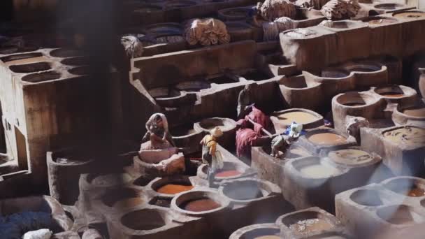 Människor som arbetar i Chouara garveriet — Stockvideo