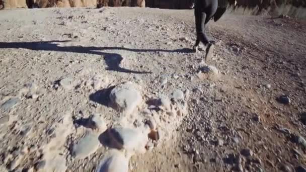 Turista corriendo hacia el borde de la colina en el desierto — Vídeo de stock
