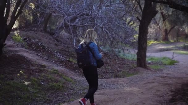 Donna con zaino a piedi attraverso la foresta con Smartphone — Video Stock