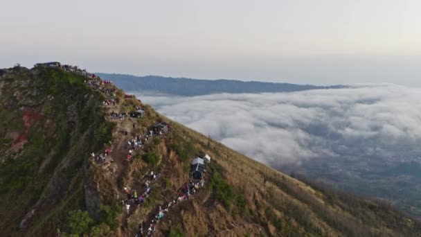 Drone Over Tourists On Mountain Ridge Of Mount Batu — Stock Video