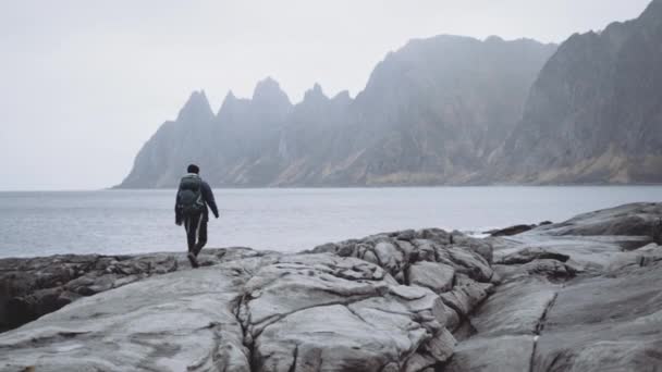 Turista s batohem na skalách podle fjordu — Stock video