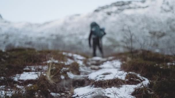Πεζοπόρος με σακίδιο περπάτημα χιονισμένο μονοπάτι — Αρχείο Βίντεο
