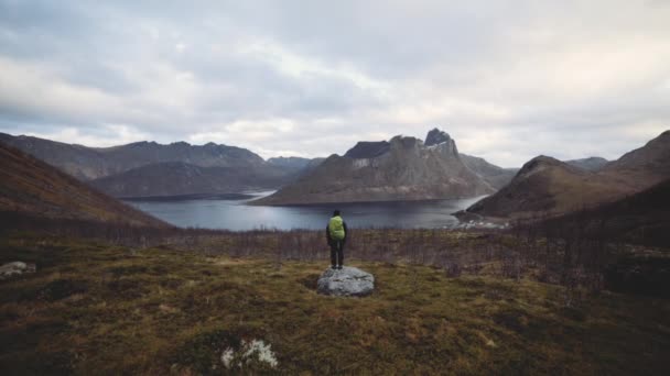 Randonneur debout sur le rocher regardant le fjord et les montagnes — Video