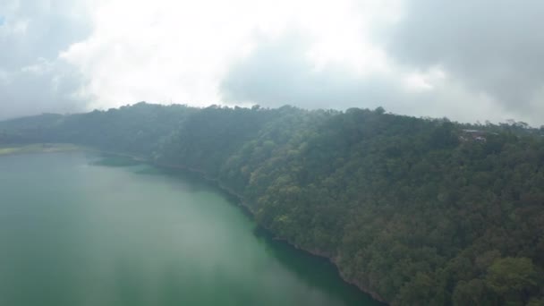 Drone over Green Forest en Lake Under Cloudy Sky — Stockvideo