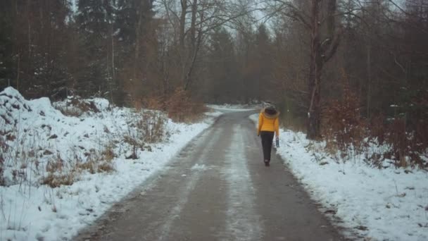 Teenage dívka kráčející po zasněžené stezce v lese — Stock video