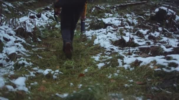 Teenage Girl With Backpack Hiking Up Snowy Hill — Stock Video