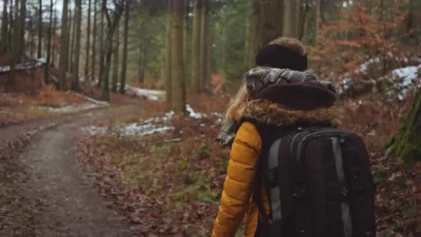 Teenage dívka s batohem turistika podél lesní cesty — Stock video