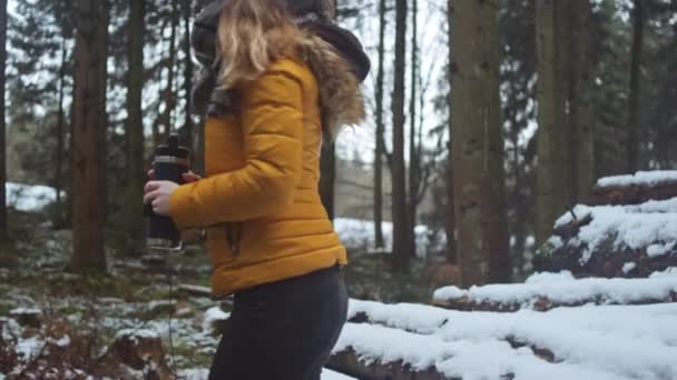 Fille en forêt assis sur bûche pile à boire à partir de flacon — Video