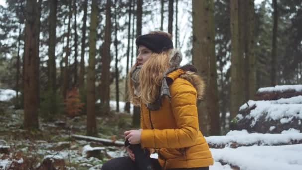 Chica sentada en la pila de troncos nevados para beber del frasco — Vídeos de Stock