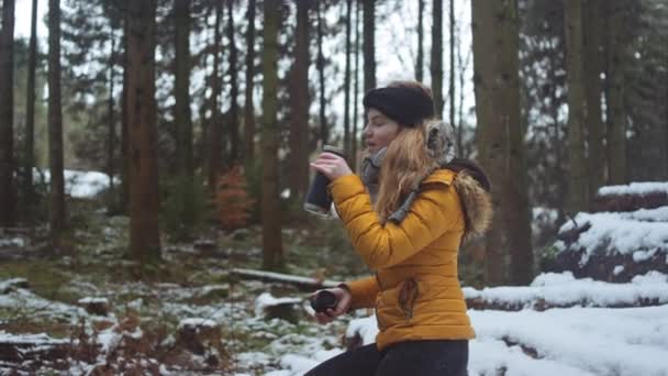 Flicka i skogen tar en paus från vandring — Stockvideo
