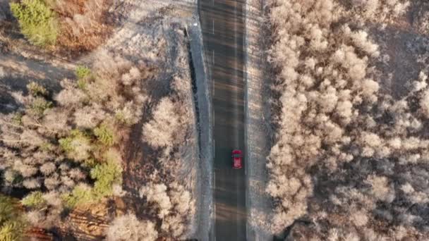 Drone over Red Car On Road Fjord felé — Stock videók