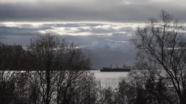 Fishing Trawler On Fjord Under Cloudy Sky — Stock Video