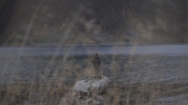 Egy magányos ember áll a sziklán, hogy lássa Fjordot. — Stock videók