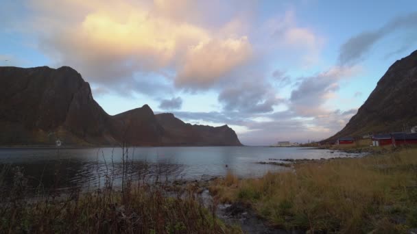 Fjord and Fisherman 's Huts Of Steinfjord — Stock video