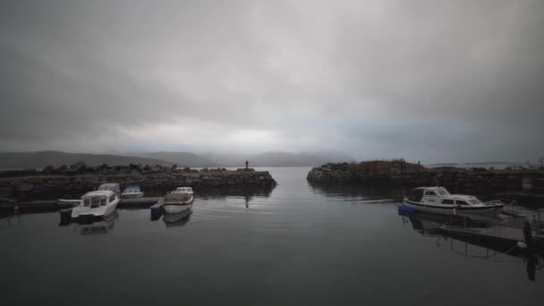 Mann steht auf Hafenschranken in Fjord — Stockvideo