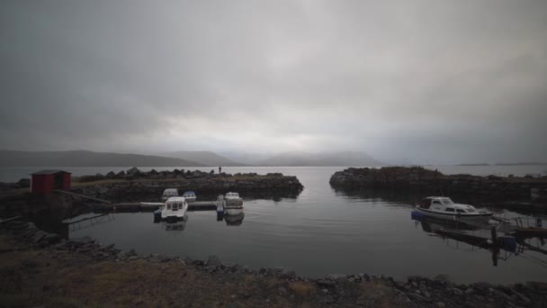 Малая гавань с пришвартованными лодками во фьорде — стоковое видео