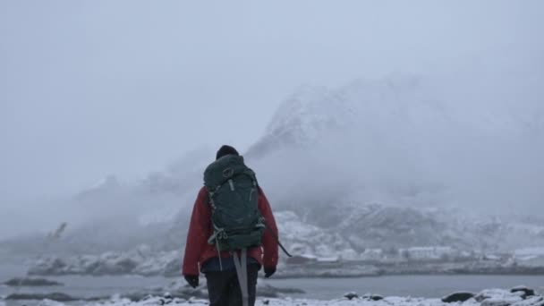 Πεζοπόρος που περπατά στο χιόνι προς Φιόρδ — Αρχείο Βίντεο