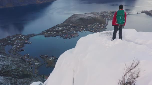 Drone Of Hiker On Reinebringen Mountain — Stock Video