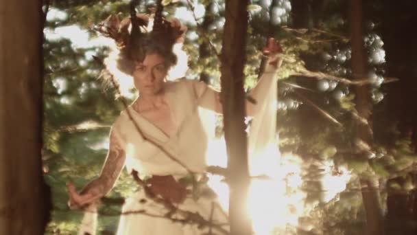 Femme habillée en coiffure dansant dans la forêt ensoleillée — Video