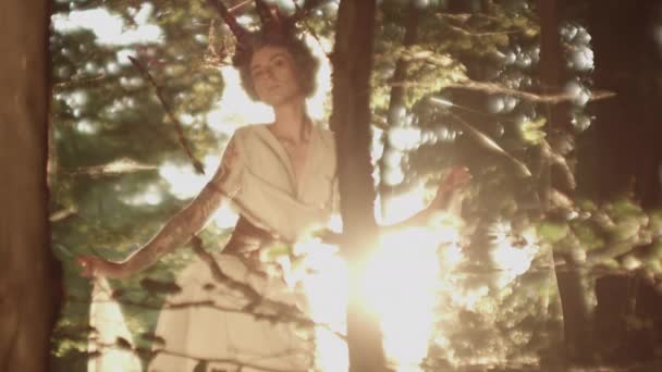 Femme en coiffure et blanc dansant dans la forêt — Video