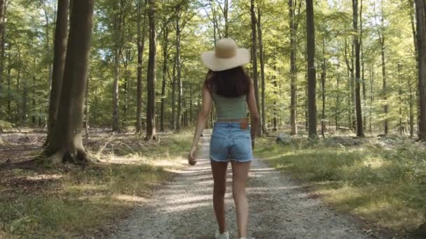 Tiener meisje wandelen langs bos pad — Stockvideo