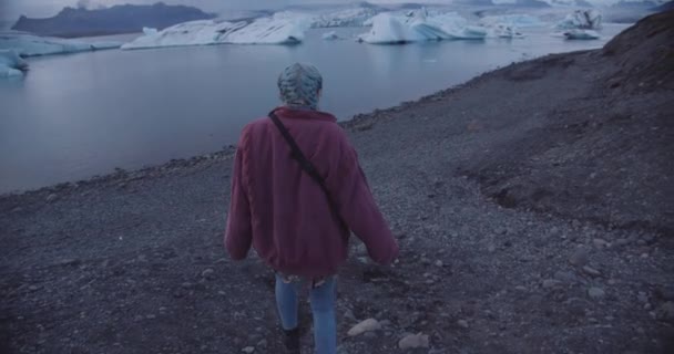 Młoda kobieta zwiedzająca wybrzeże w pobliżu gór lodowych — Wideo stockowe