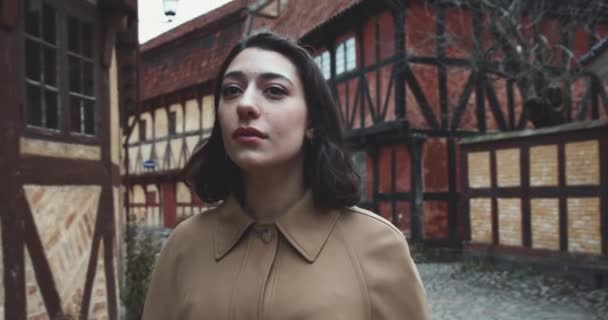 Young Woman Walking Old Town Street — Stock video