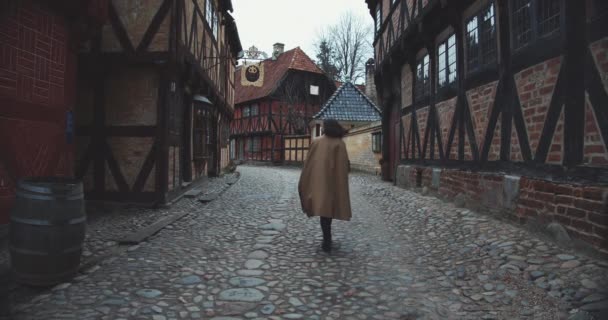 Fashion Model Walking Old Streets Of Aarhus — Stock Video