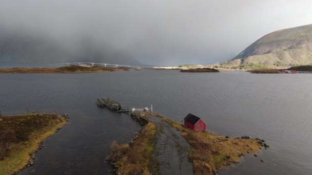 Drone Over Hut with Rainbow Over Fijord — Stok video