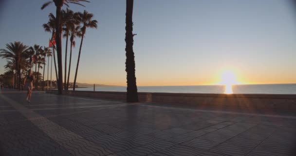 Frau läuft bei Sonnenuntergang am Strand entlang — Stockvideo